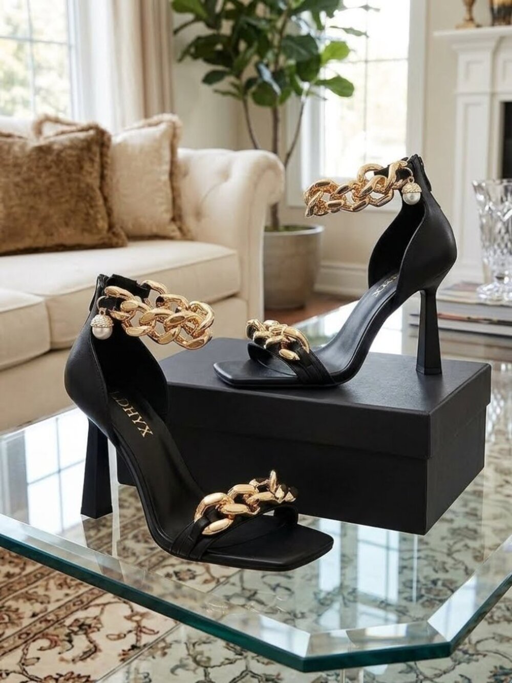 Black Square Open Toe Chain Stiletto Heels Party Sandals